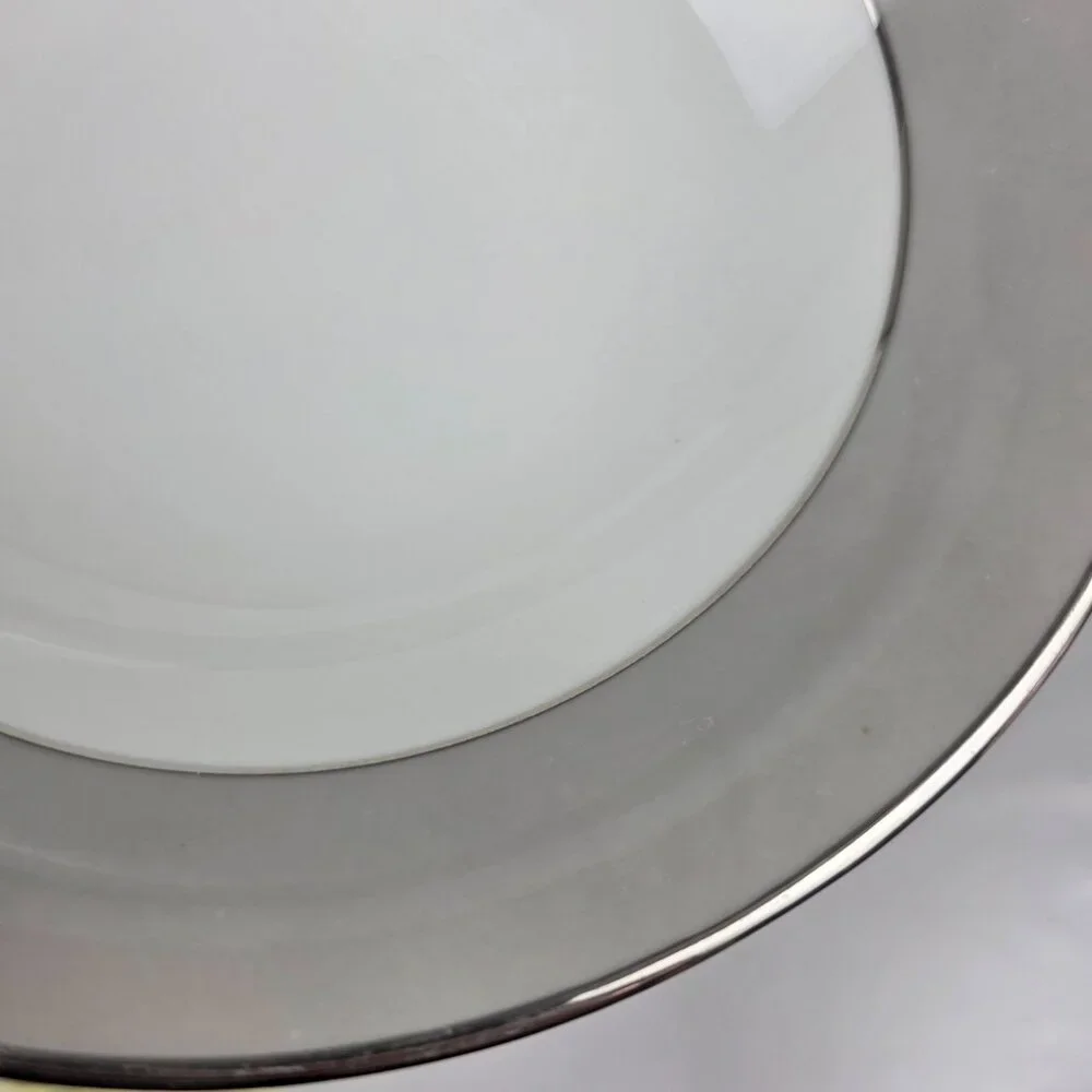 Sango Plantina Round Serving Bowl 9 Inch White with Gray Band & Platinum Trim